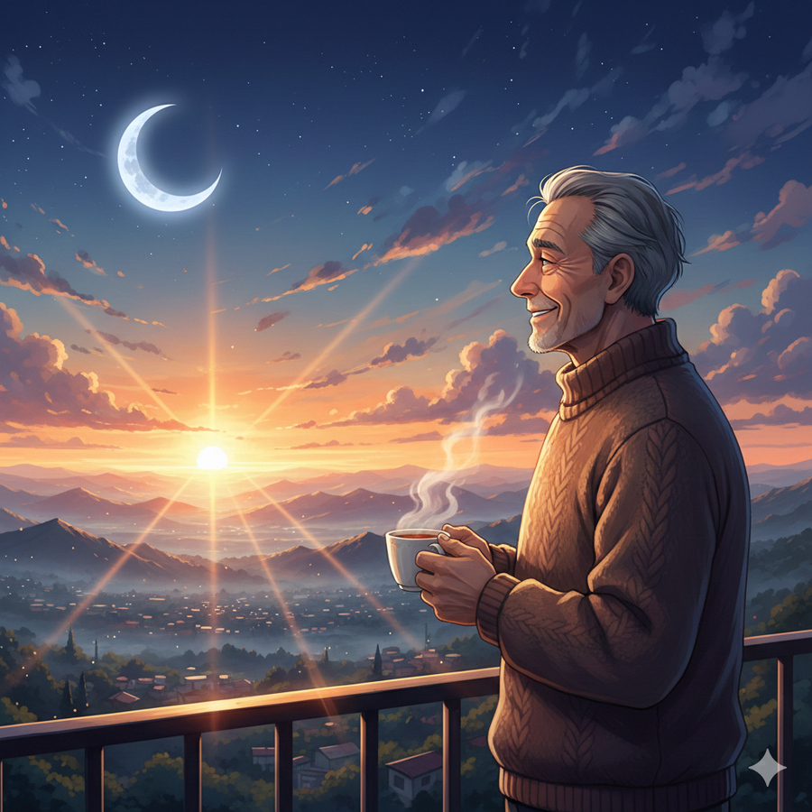 三日月に見送られて始まる朝