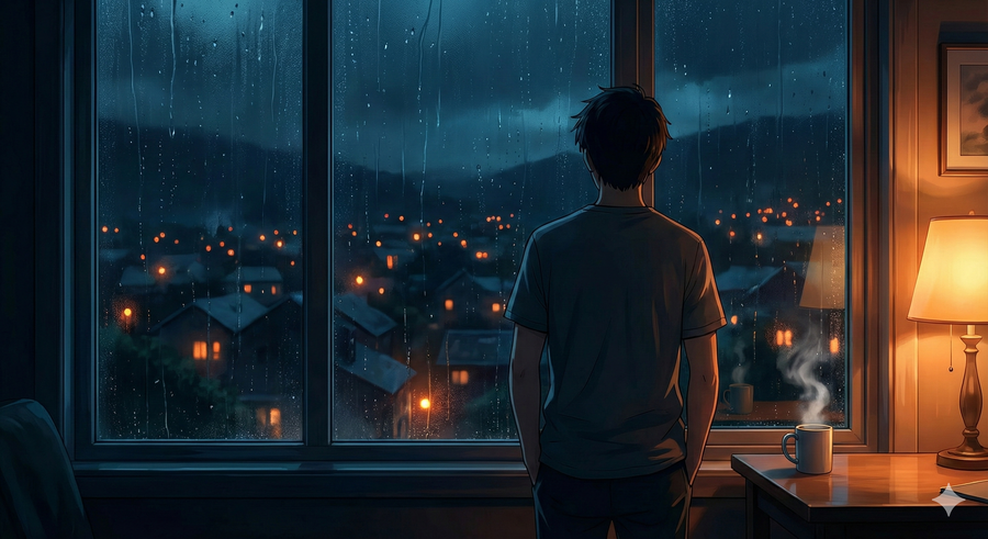 窓の外は暗く、遠くの家の灯りがぽつりぽつりと並んでいて、その光を眺めていると、どこか懐かしいような、安心できるような気持ちになります。