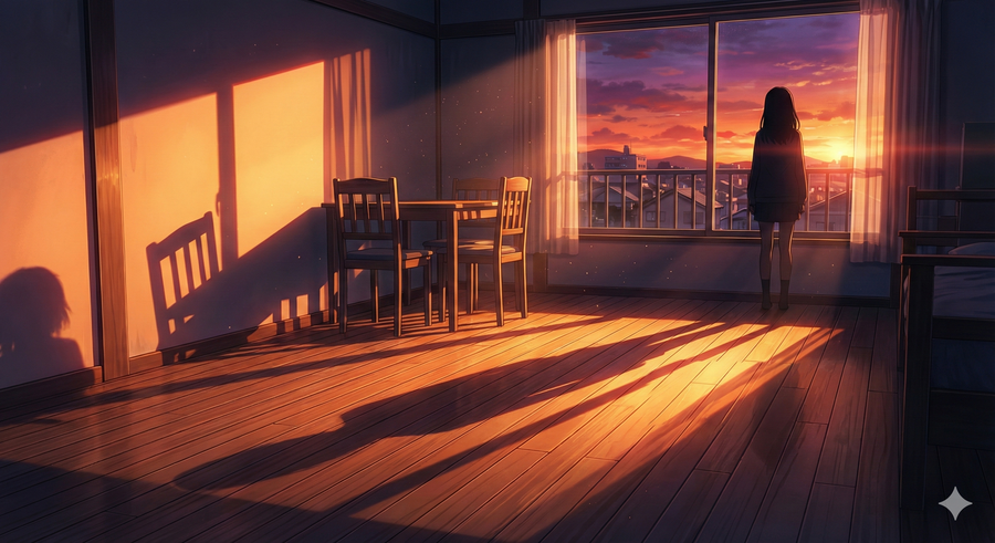 夕方になると、外の光がだんだん薄くなり、家の中に長い影が生まれます。