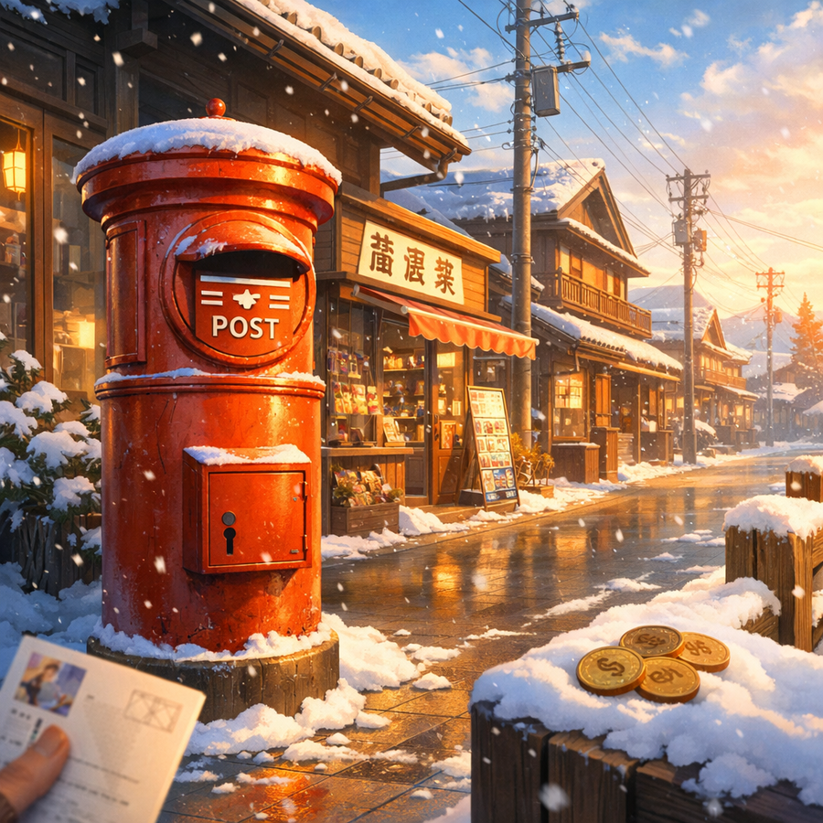 赤いポストの前で立ち止まった朝