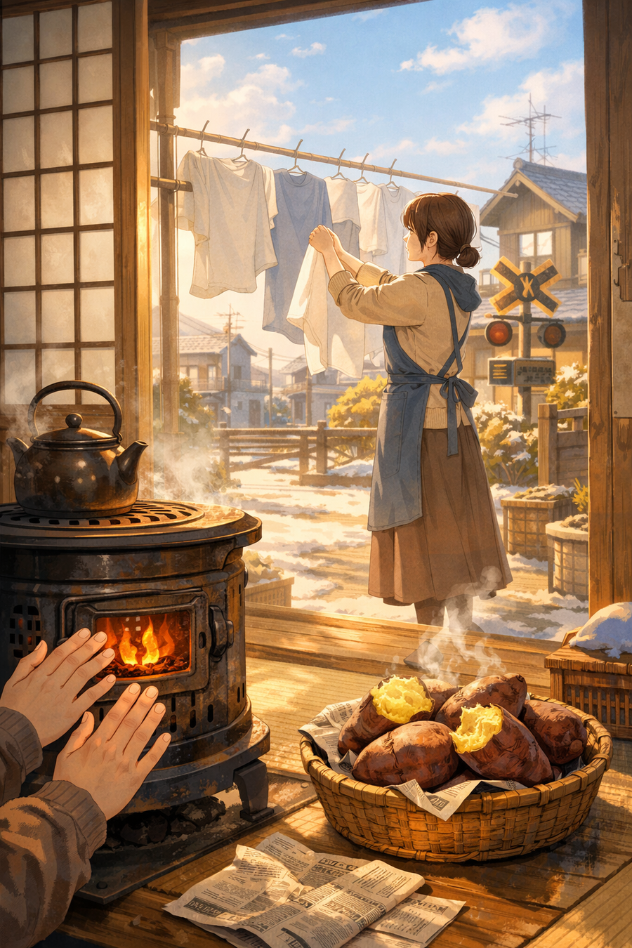 石炭ストーブの火と、冬晴れの朝