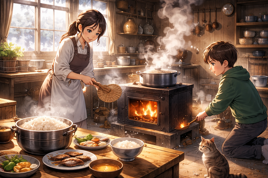 冬の台所の湯気