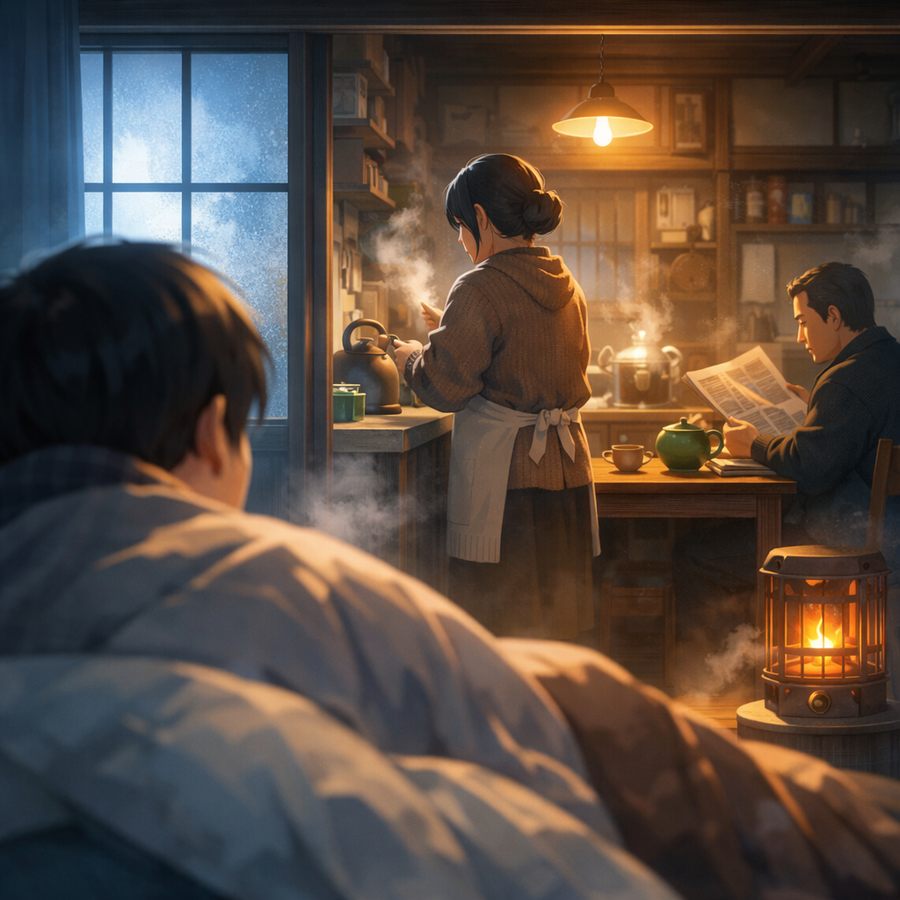 朝の冷えと、母の背中