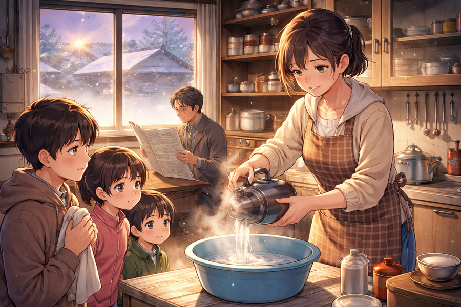 凍った朝の湯気