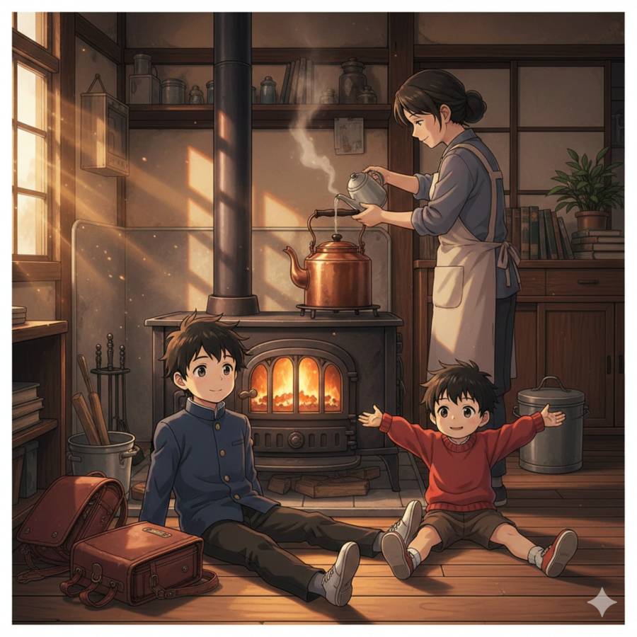 薪ストーブの前で並んだ兄弟