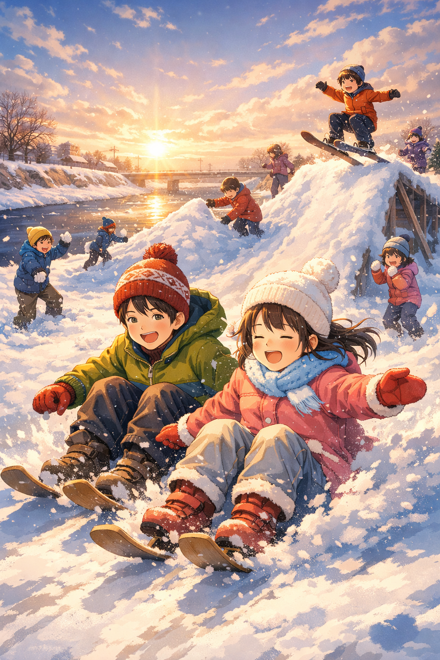 雪の土手と笑い声