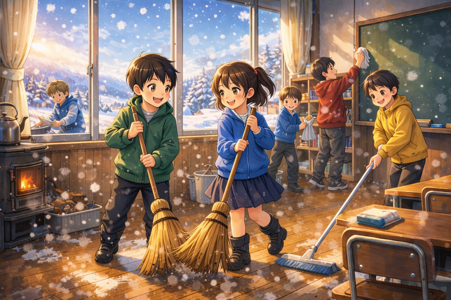 雪とほうきの放課後