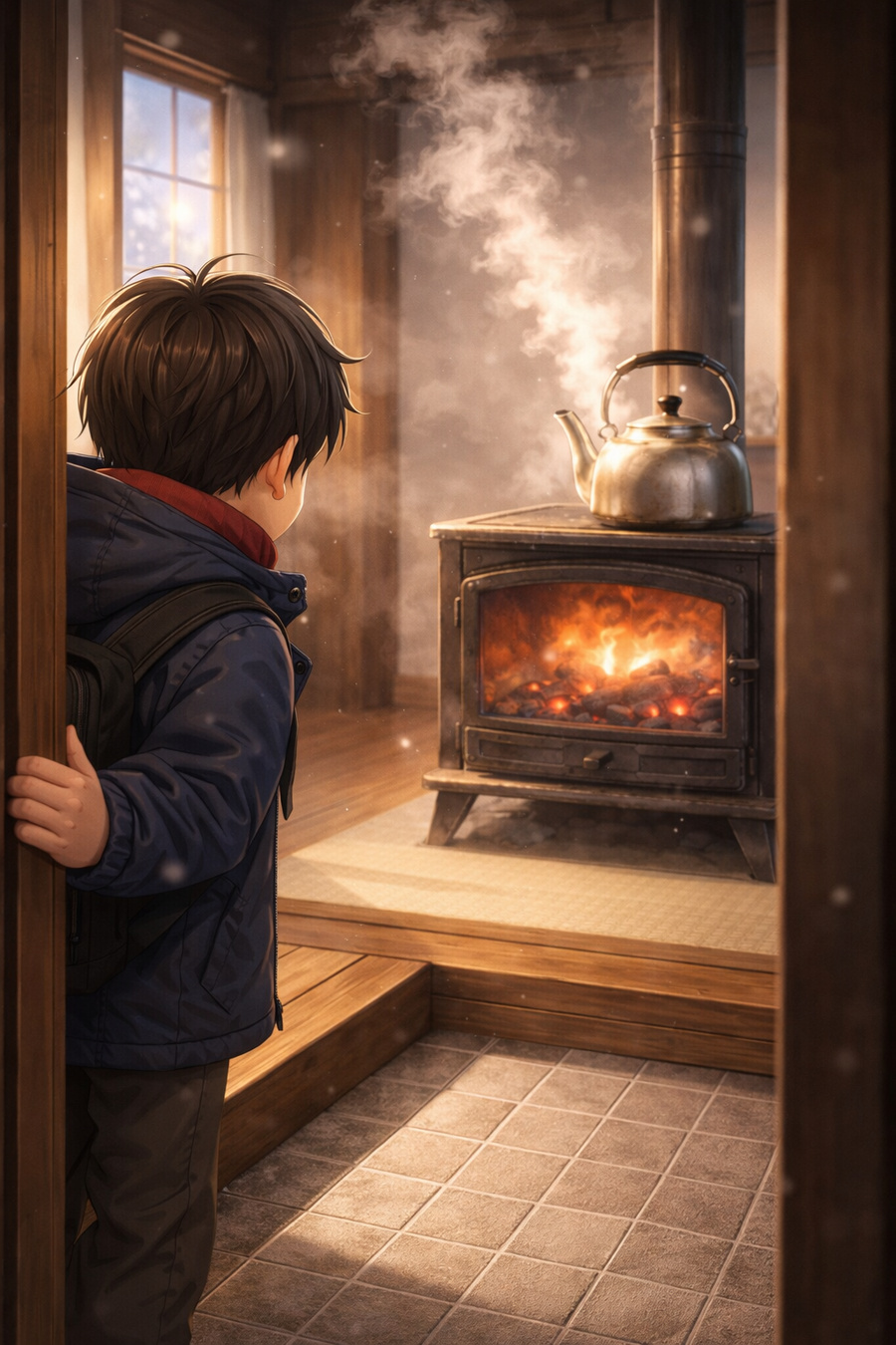 白い道を進んだ先には、希望のように赤い炎が揺れている。