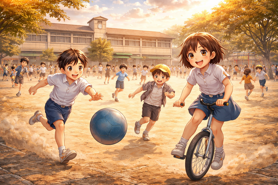 砂ぼこりの校庭と、世界一の一輪車