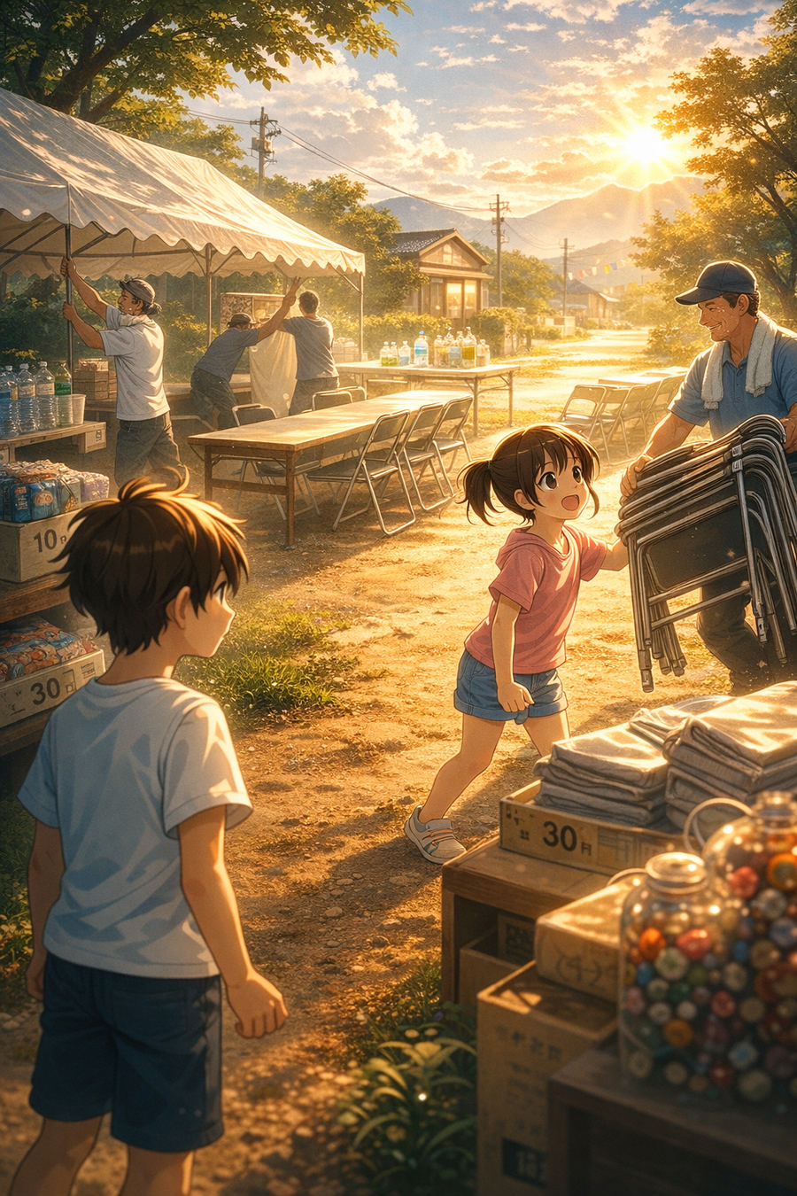 夕闇に溶けていく、町を支える背中