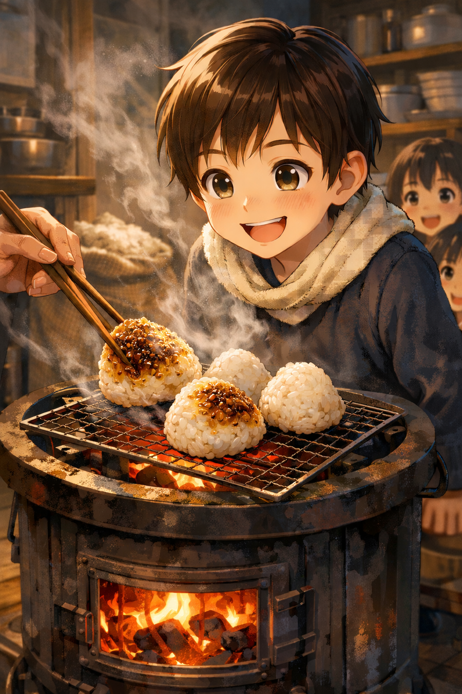 石炭ストーブの上で踊る、おにぎりの湯気