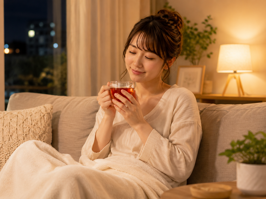 夜にルイボスティーを飲む女性