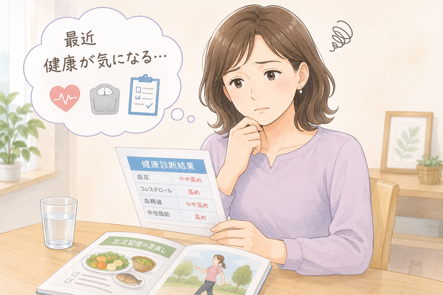 40代女性が健康について考えているイラスト