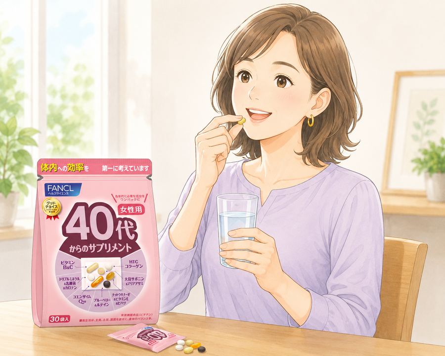 サプリメントを飲んでいる女性のイラスト