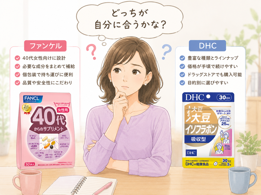 ファンケルとDHCを比較検討する女性のイラスト