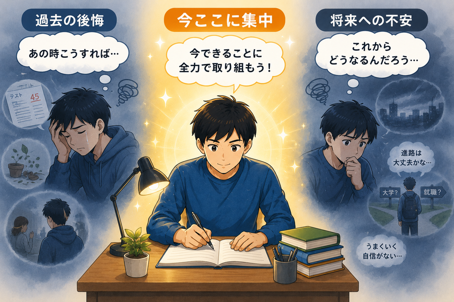 過去・未来・今ここに集中する比較イラスト