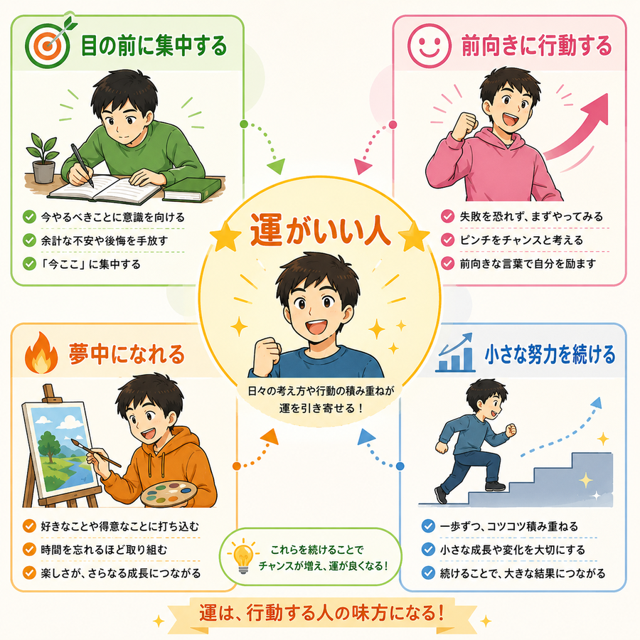 運がいい人の4つの特徴インフォグラフィック