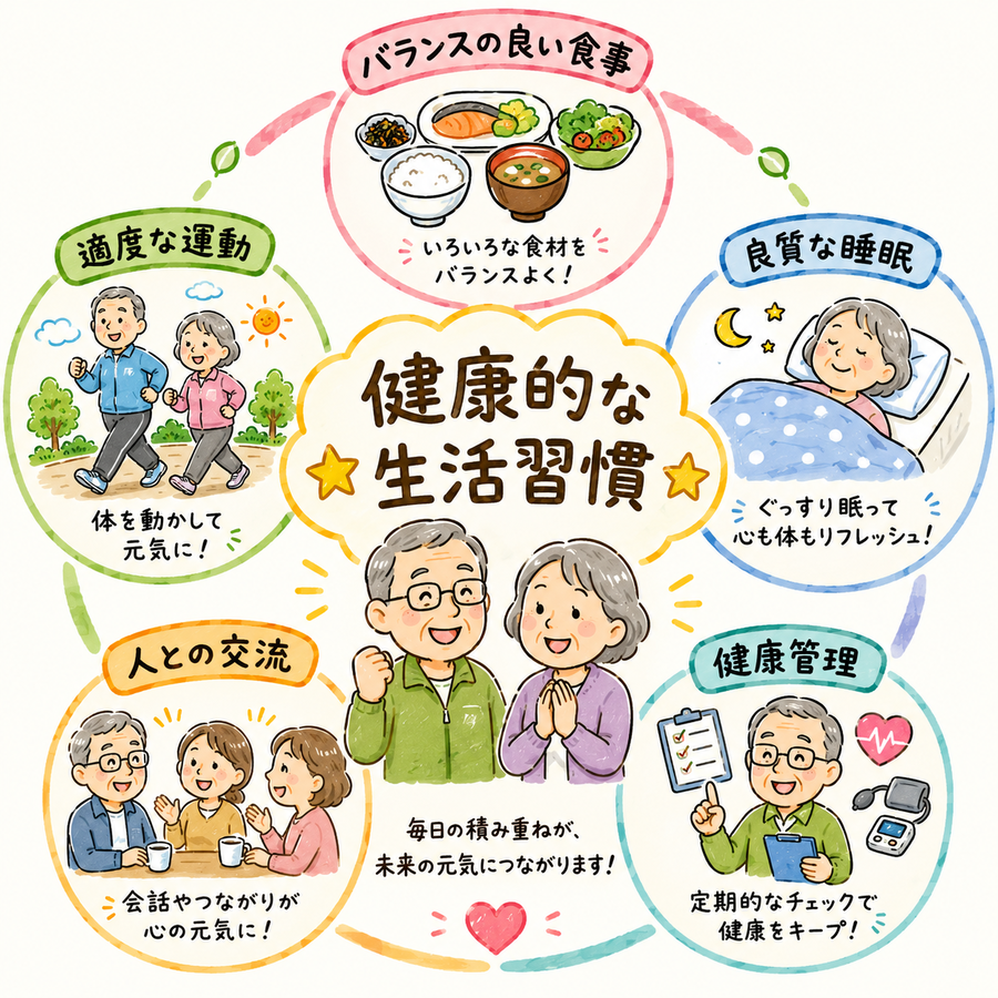 健康習慣の基本をまとめたインフォグラフィック