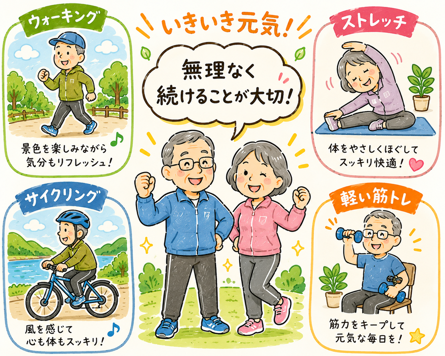 運動習慣を続けるシニアのイラスト