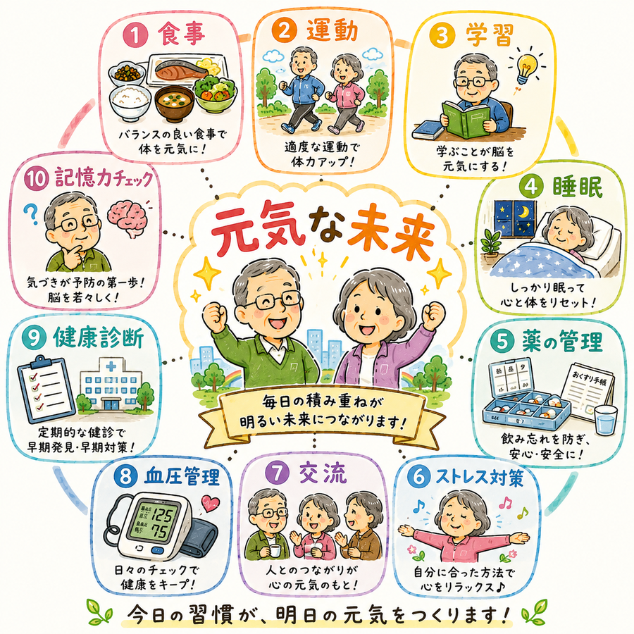 健康寿命を支える10の習慣まとめイラスト