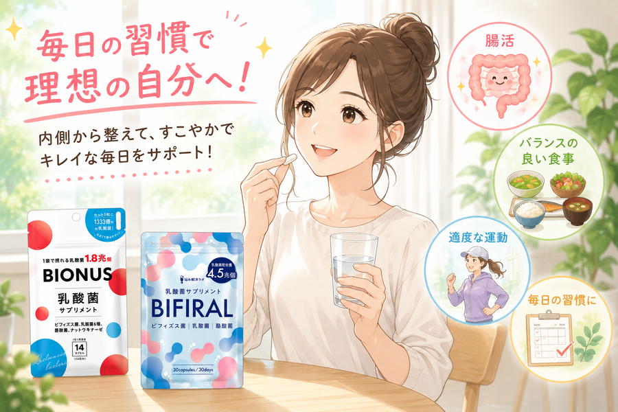 サプリを飲みながら健康的な生活を送る女性のイラスト