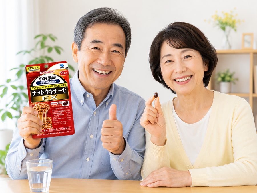 ナットウキナーゼサプリを手に笑顔の中高年夫婦
