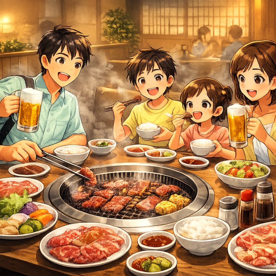 焼肉食べ放題を楽しむ家族