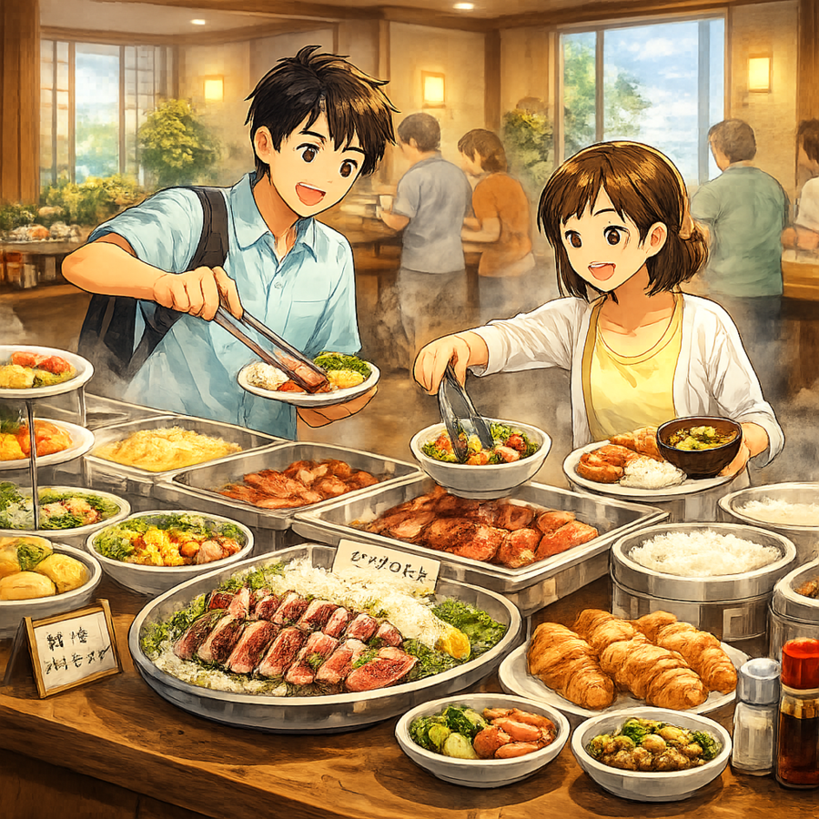 朝食バイキングを選ぶ宿泊客