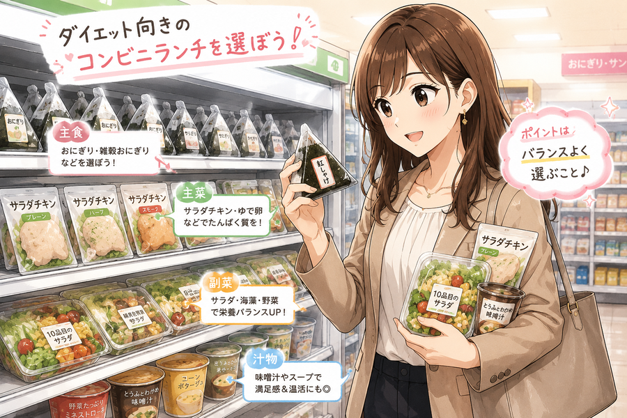 ダイエット向きのコンビニランチを選ぶ女性