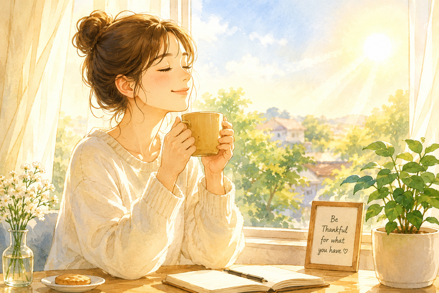 朝日を浴びながらコーヒーを飲む女性