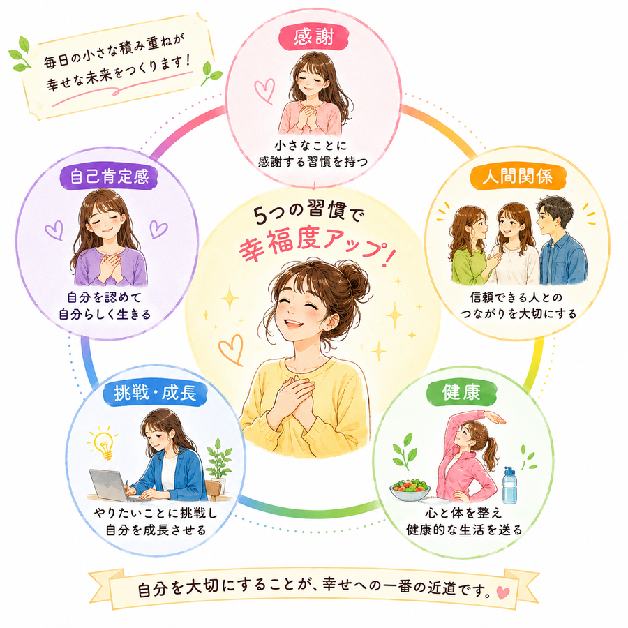 幸福度アップ習慣のまとめイラスト