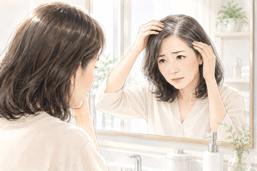 鏡を見ながら白髪を気にする女性
