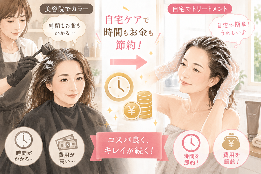美容院代と自宅ケアを比較するイラスト