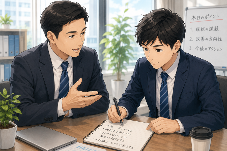 上司から助言を受け、前向きにメモを取る会社員