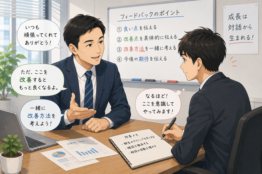 会議室でリーダーが部下へフィードバック