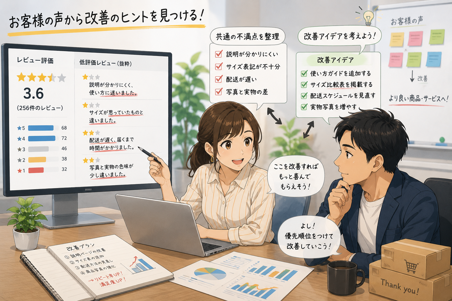 低評価レビューを分析するネットショップ運営者
