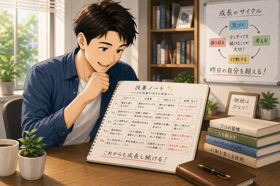 改善ノートを見ながら成長を実感する人物