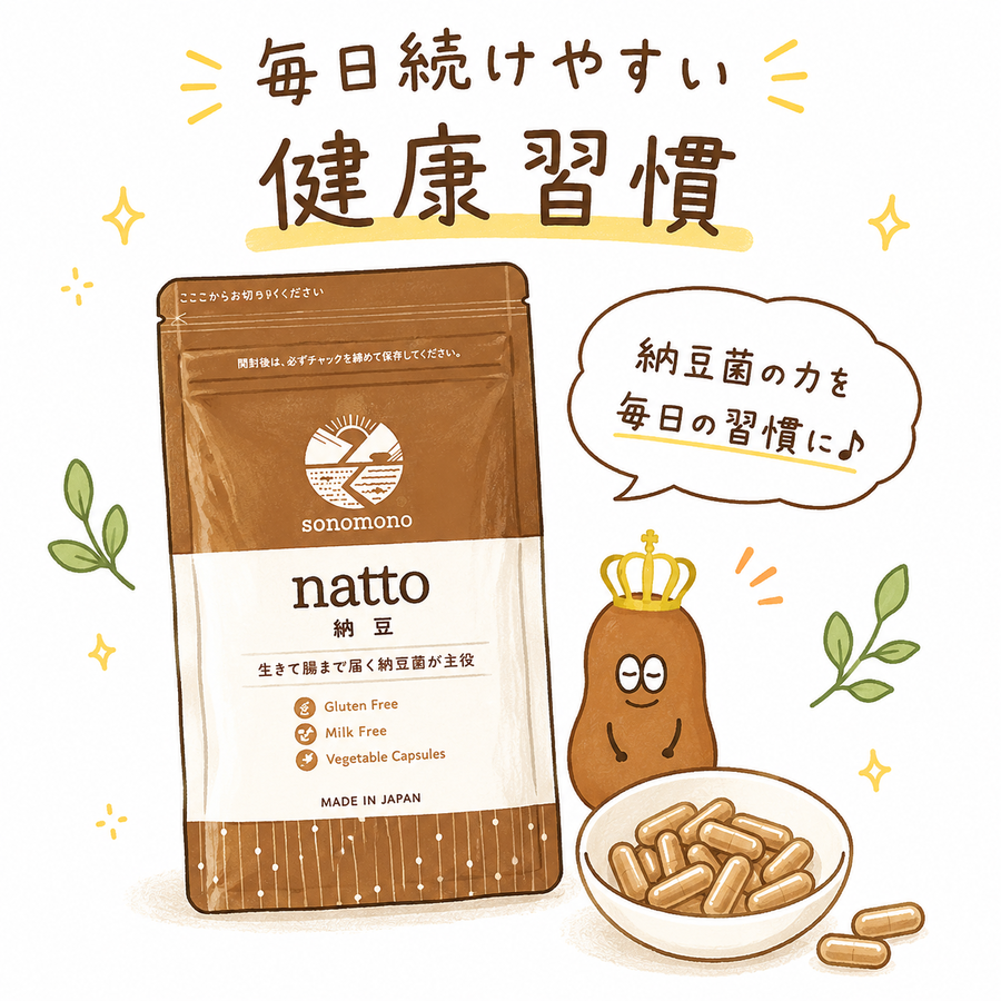 そのもの納豆のパッケージとカプセルのイラスト