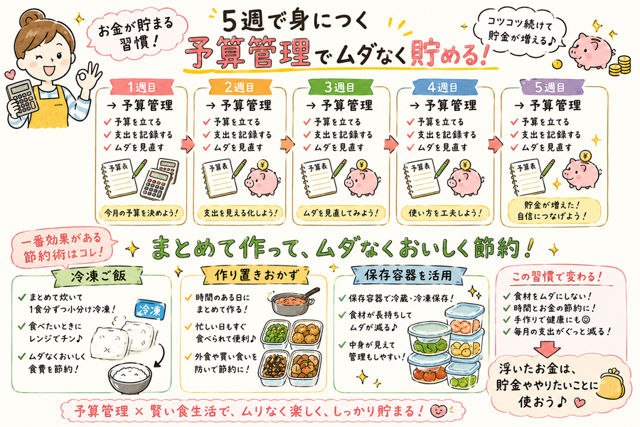 5週間やりくり＆冷凍保存の図解イラスト