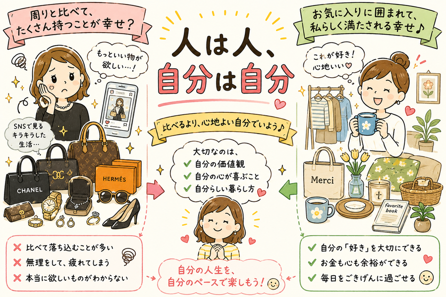 人と比べない節約生活イラスト