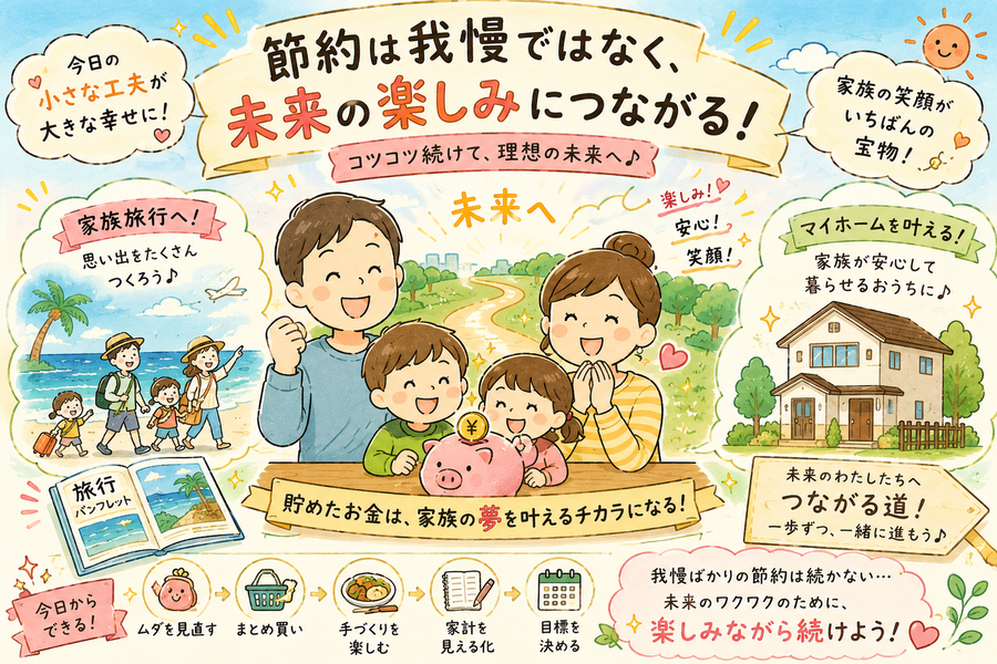 節約と豊かな暮らしを両立する家族イラスト