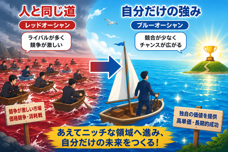 シュワルツェネッガー流「ブルーオーシャン戦略」イラスト