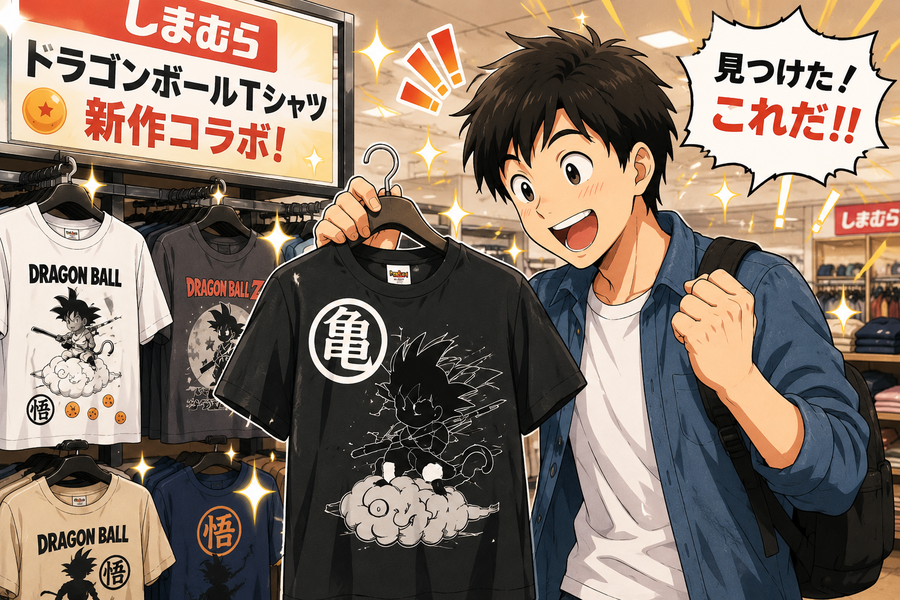Tシャツ売り場で商品を発見して喜ぶ男性