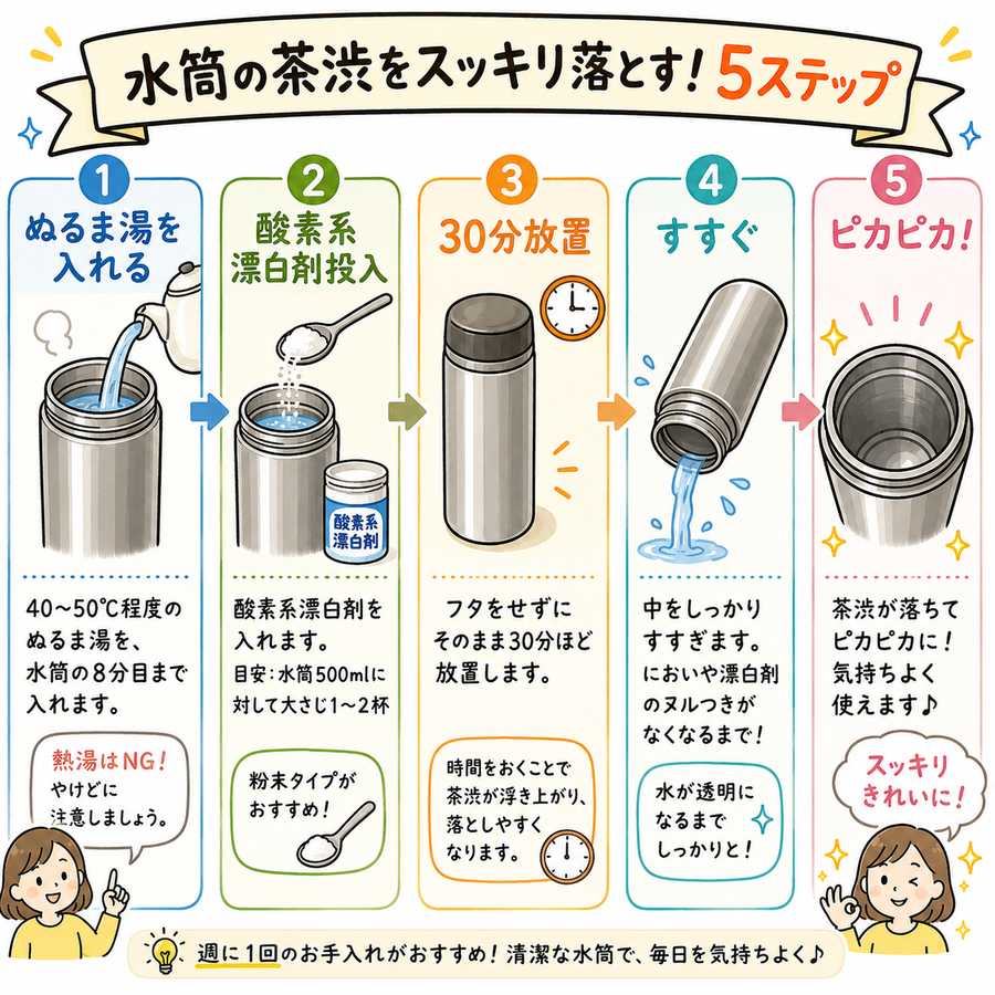 酸素系漂白剤でつけ置きする手順イラスト