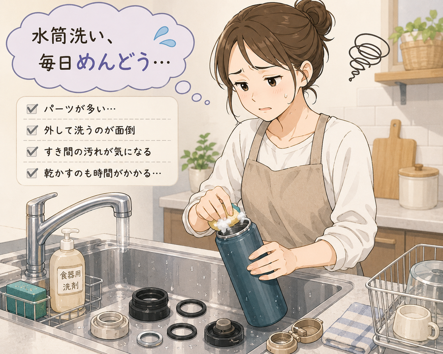 水筒を毎日洗うのが面倒で悩む女性