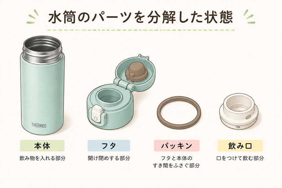 パッキンや部品が多い水筒の構造