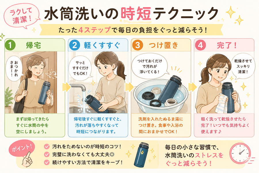 水筒洗いを時短する手順イラスト
