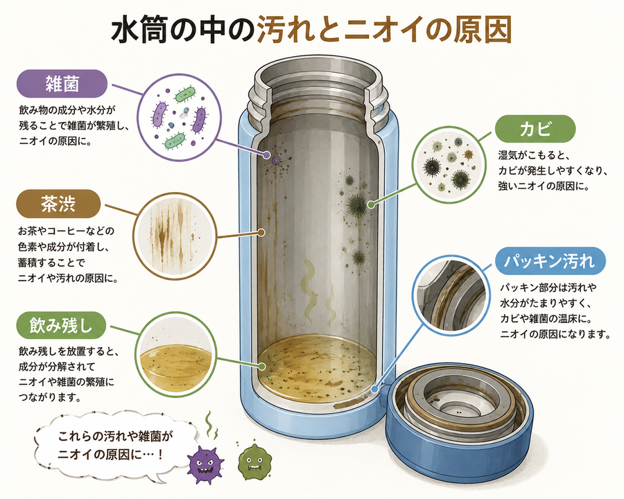 水筒が臭くなる原因を説明する図解