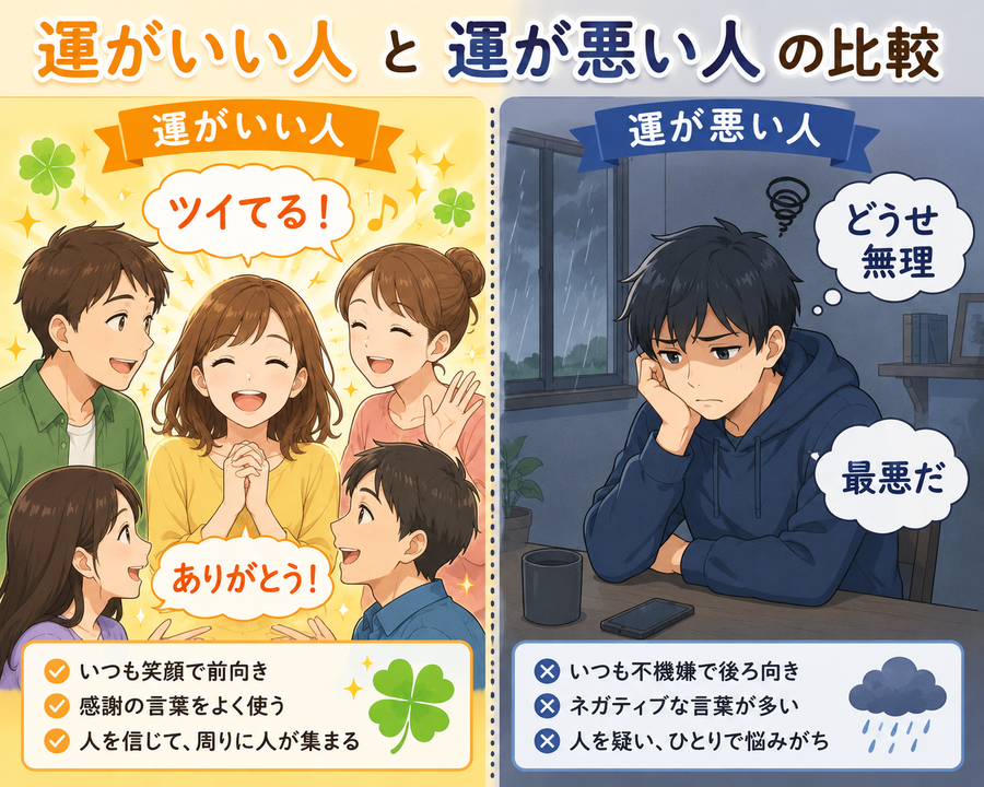 運がいい人と運が悪い人の比較イラスト