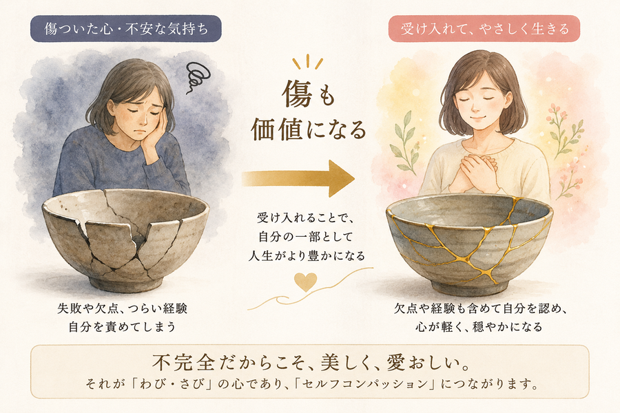 金継ぎされた茶碗と心の傷を重ねるイラスト